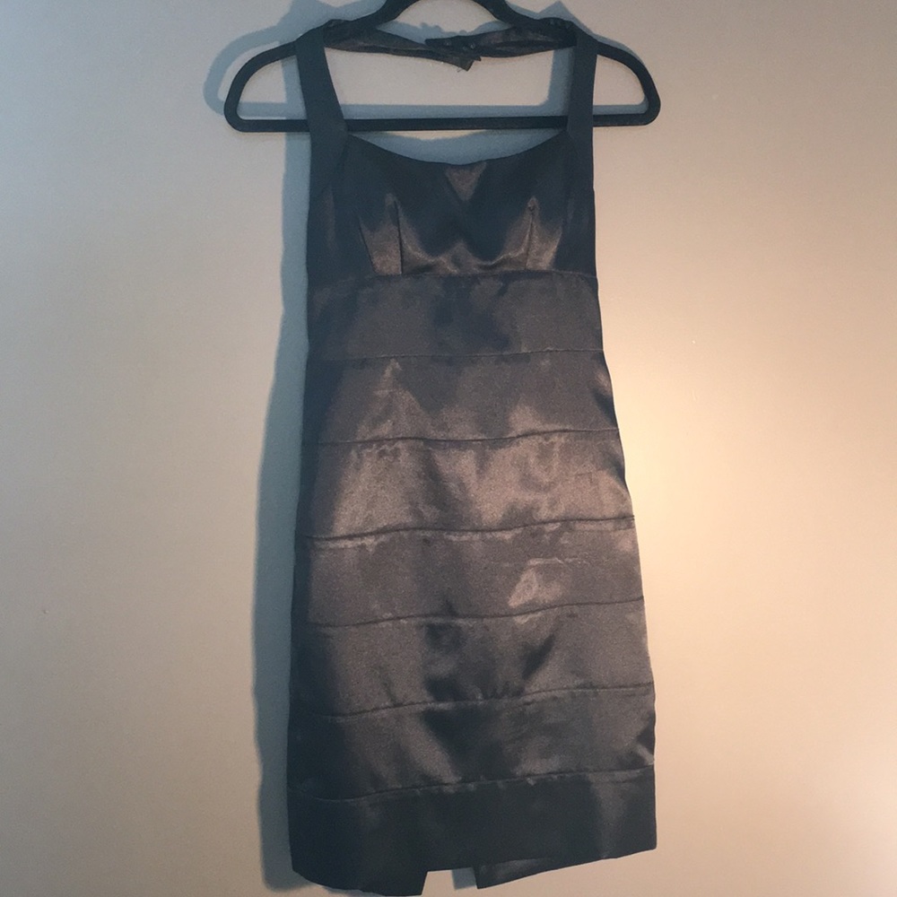 Classic black satin dress with halter strap